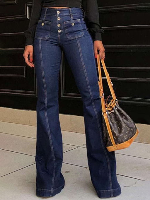 Sophisticated Flared Denim Trousers for Women: Stretchy Slim Pants in High-Waist Style
