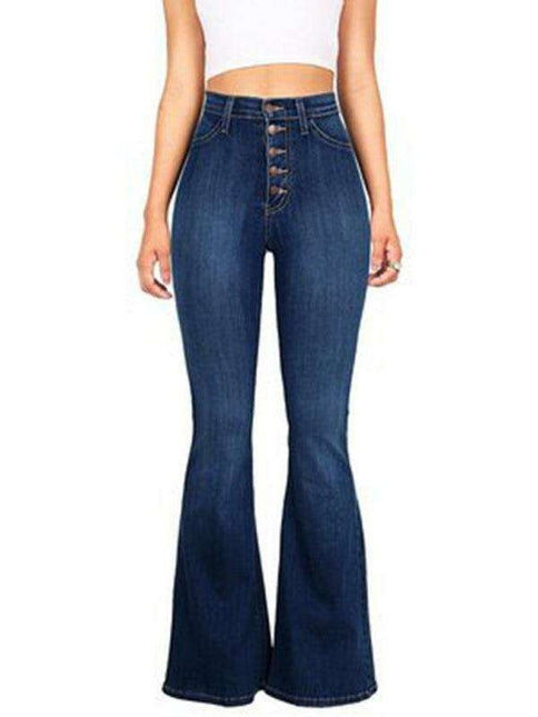 High-Waisted Denim Flare Trousers with Decorative Buttons