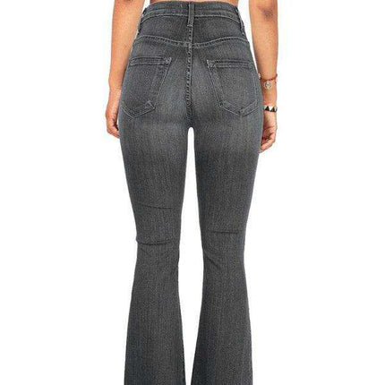 High-Waisted Denim Flare Trousers with Decorative Buttons
