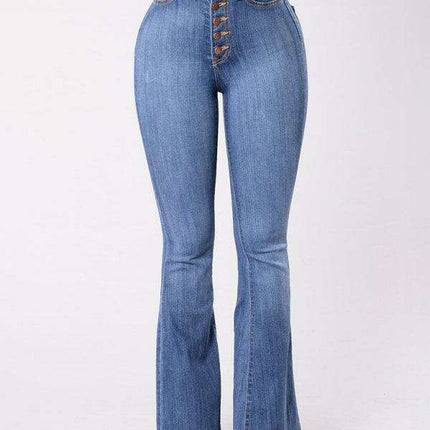 High-Waisted Denim Flare Trousers with Decorative Buttons