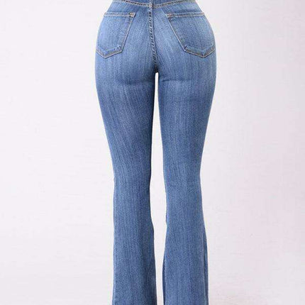 High-Waisted Denim Flare Trousers with Decorative Buttons