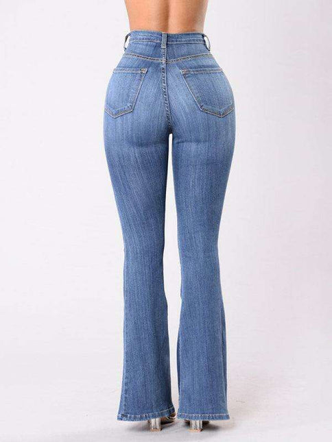 High-Waisted Denim Flare Trousers with Decorative Buttons