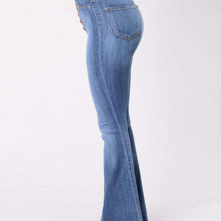High-Waisted Denim Flare Trousers with Decorative Buttons