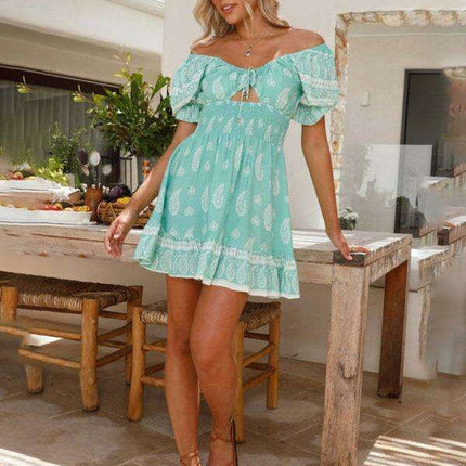 Romantic Puff Sleeve Lace-Up V-Neck Off-Shoulder Tunic Dress for Women