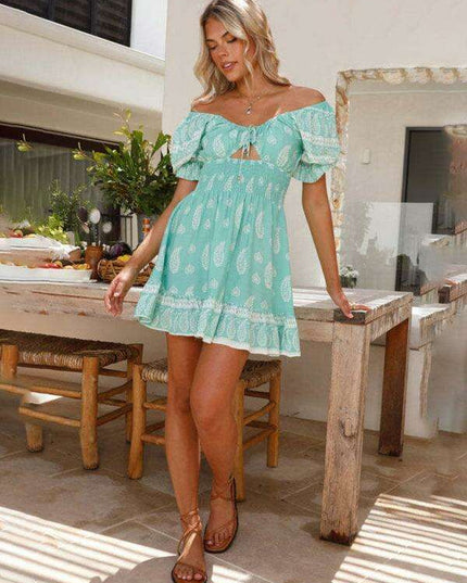 Romantic Puff Sleeve Lace-Up V-Neck Off-Shoulder Tunic Dress for Women