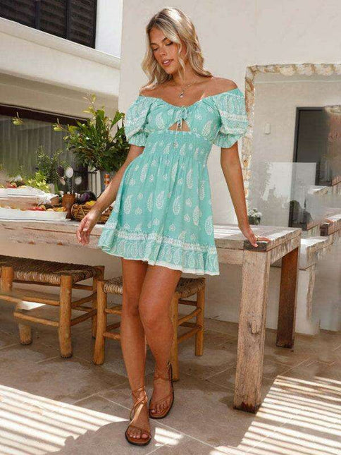 Romantic Puff Sleeve Lace-Up V-Neck Off-Shoulder Tunic Dress for Women