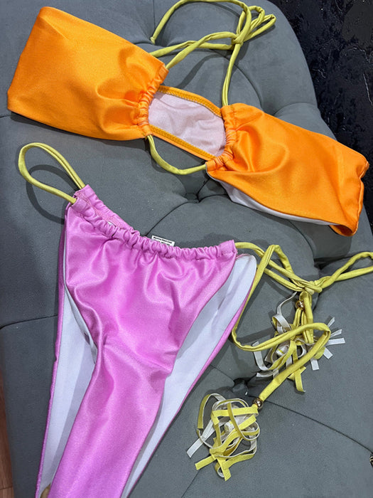 Vibrant Patchwork Bikini Set with Playful Split Detail for Women