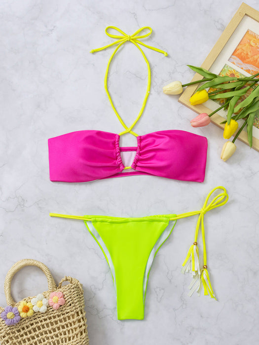Vibrant Patchwork Bikini Set with Playful Split Detail for Women
