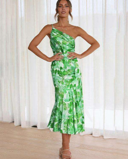 Vibrant Slant Neck Fishtail Print Dress for a Flirty Look