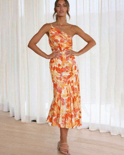 Vibrant Slant Neck Fishtail Print Dress for a Flirty Look