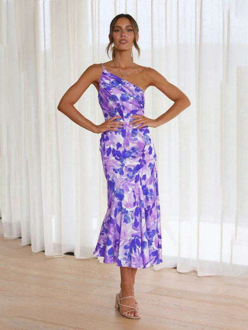 Vibrant Slant Neck Fishtail Print Dress for a Flirty Look