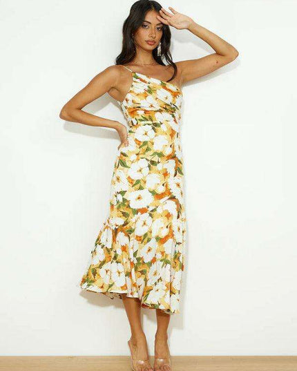 Vibrant Slant Neck Fishtail Print Dress for a Flirty Look