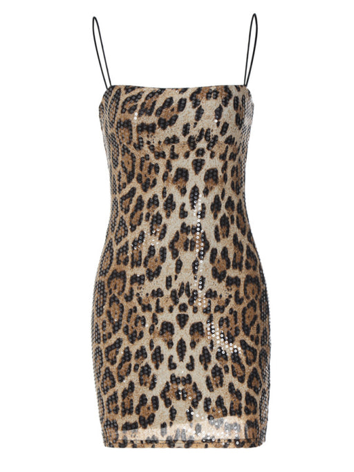 New Fashionable Leopard Print Street Versatile Suspender Sequin Dress
