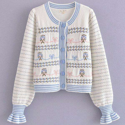 Elegant Bow-Embellished Knit Cardigan with Round Neck and Button Details