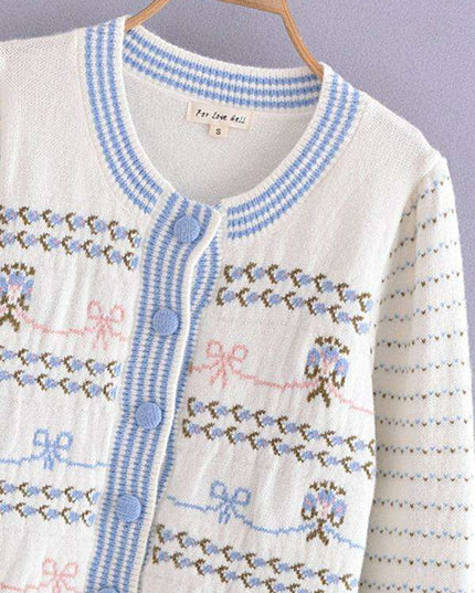 Elegant Bow-Embellished Knit Cardigan with Round Neck and Button Details