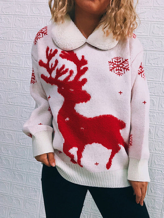 Women's Patchwork Lapel Long Sleeve Christmas Themed Sweater New Year Knit Sweater