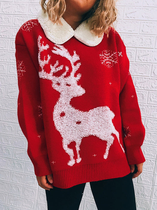 Women's Patchwork Lapel Long Sleeve Christmas Themed Sweater New Year Knit Sweater