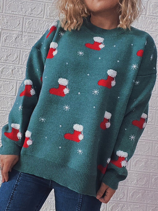 Women's Round Neck Long Sleeve Christmas Sweater Christmas Socks Jacquard Thickened Pullover