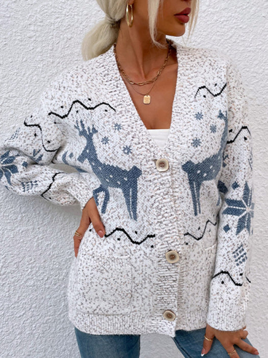 Festive Reindeer Print Cardigan - Women's Holiday Knit Sweater for Winter Chic