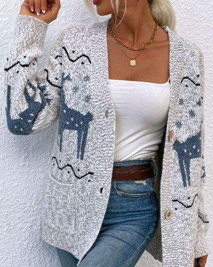 Cozy Christmas Reindeer Knit Cardigan - Women's Festive Sweater for Winter Warmth