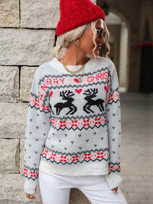 Festive Christmas Jacquard Knit Sweater with Snowflakes and Trees