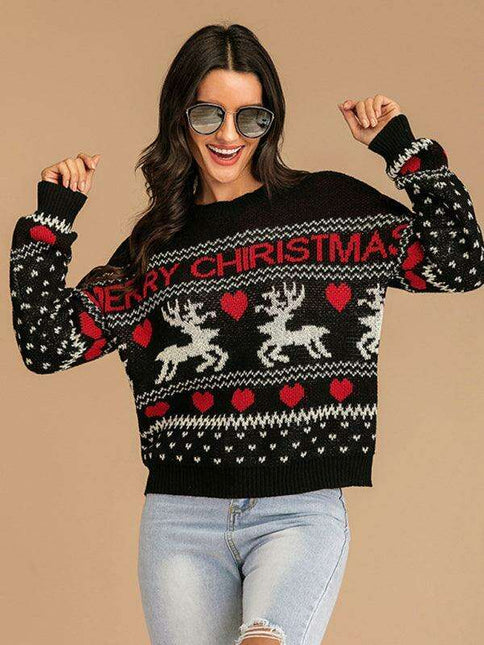 Festive Women's Reindeer Jacquard Knit Pullover Sweater