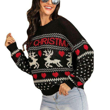 Festive Women's Reindeer Jacquard Knit Pullover Sweater