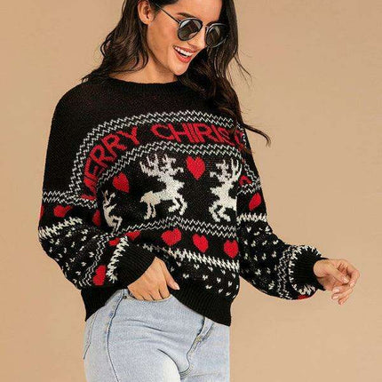 Festive Women's Reindeer Jacquard Knit Pullover Sweater