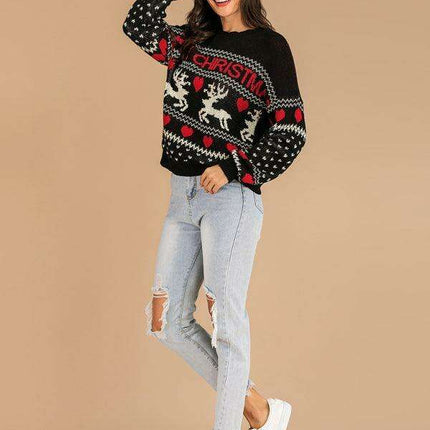 Festive Women's Reindeer Jacquard Knit Pullover Sweater