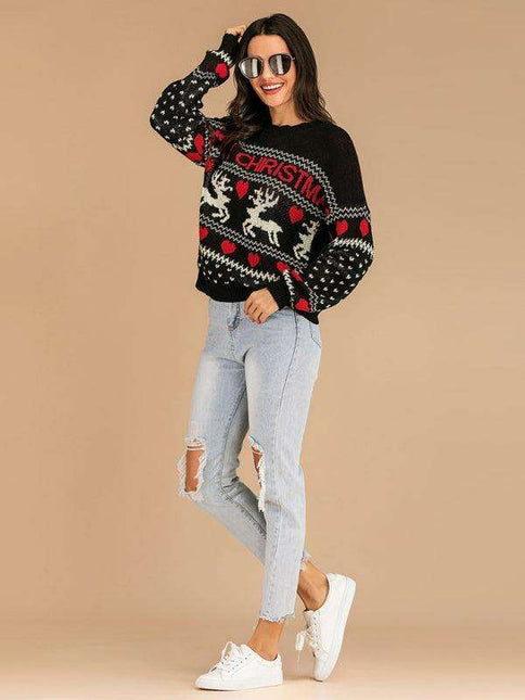 Festive Women's Reindeer Jacquard Knit Pullover Sweater