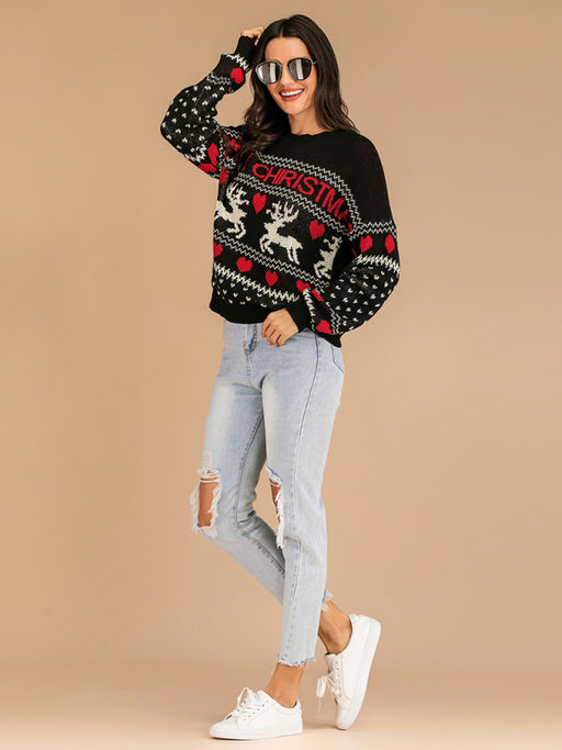Women's Christmas Reindeer Contrast Crew Neck Jacquard Knit Sweater