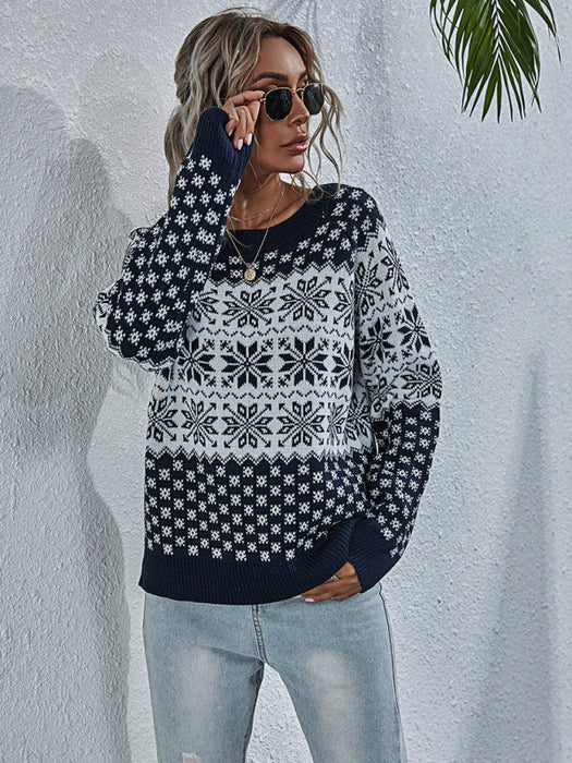 Women's Snowflake Knit Loose Long Sleeve Pullover Crew Neck Christmas Sweater