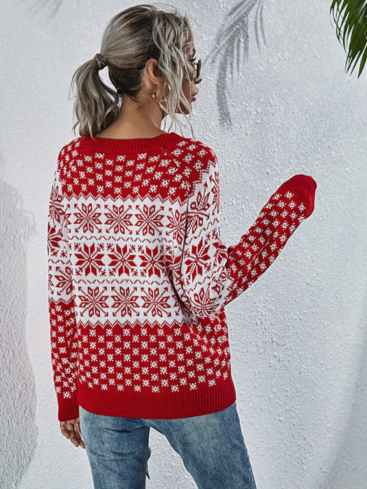 Festive Snowflake Patterned Knit Jumper - Women's Holiday Christmas Sweater