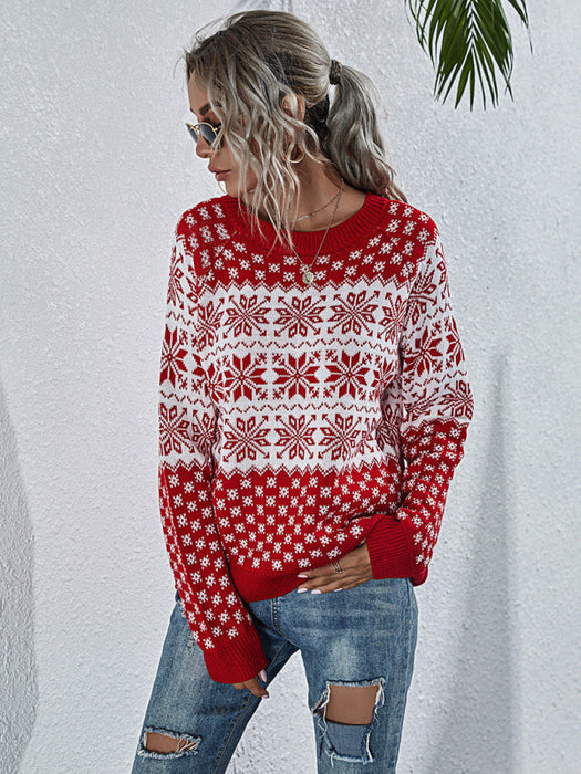 Women's Snowflake Knit Loose Long Sleeve Pullover Crew Neck Christmas Sweater