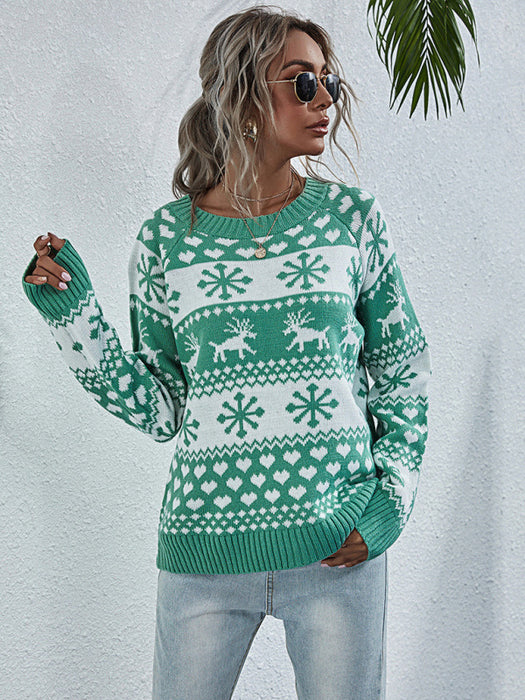 Women's Elk Knit Crew Neck Snowflake Pullover Christmas Sweater