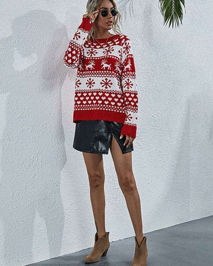 Charming Elk Snowflake Knit Christmas Sweater for Women - Cozy Festive Top