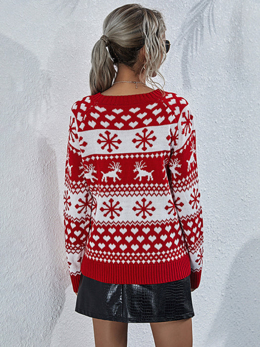 Women's Elk Knit Crew Neck Snowflake Pullover Christmas Sweater
