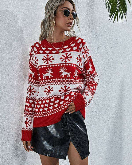 Charming Elk Snowflake Knit Christmas Sweater for Women - Cozy Festive Top