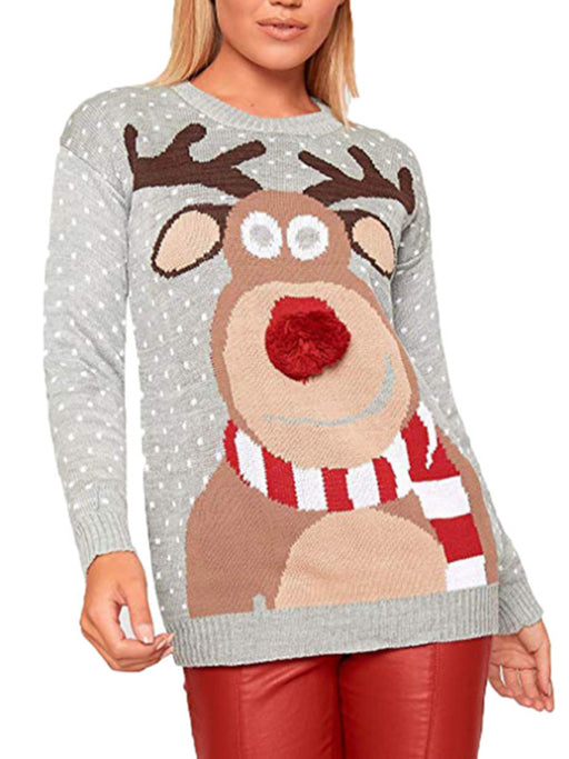 Cozy Fawn Jacquard Holiday Sweater with Round Neck