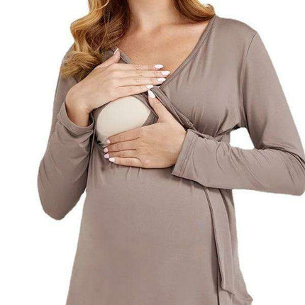 Chic Long-Sleeve V-Neck Maternity Dress for Cozy Autumn-Winter Wear