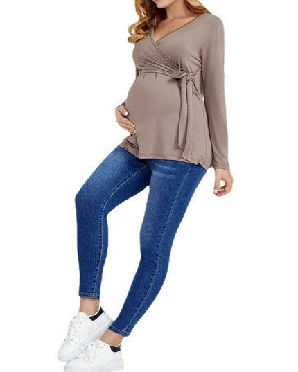 Chic Long-Sleeve V-Neck Maternity Dress for Cozy Autumn-Winter Wear