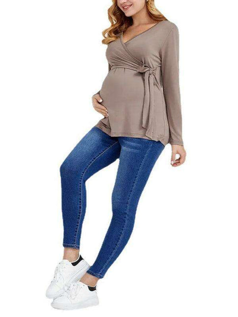 Chic Long-Sleeve V-Neck Maternity Dress for Cozy Autumn-Winter Wear