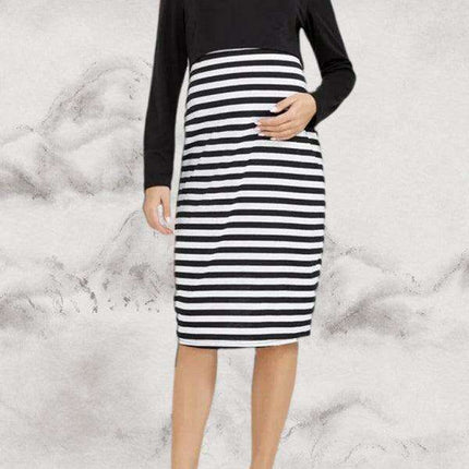 Chic Plus Size Striped Maternity Dress: Long Sleeve Round Neck Ensemble - Must-Have for Autumn and Winter