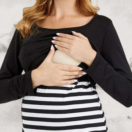 Chic Plus Size Striped Maternity Dress: Long Sleeve Round Neck Ensemble - Must-Have for Autumn and Winter
