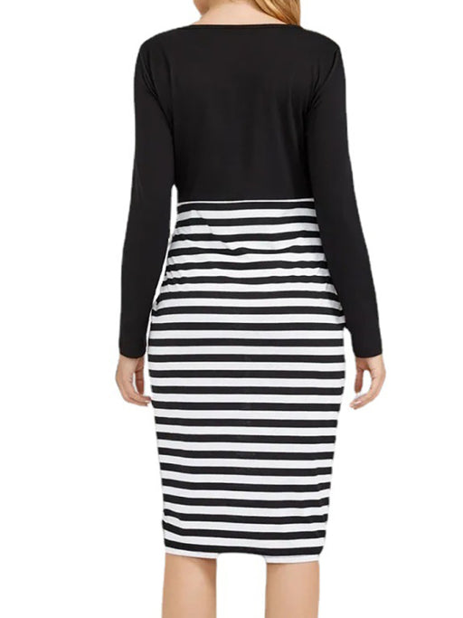 Striped Maternity Dress: Plus Size Long Sleeve Round Neck Pregnancy Wear
