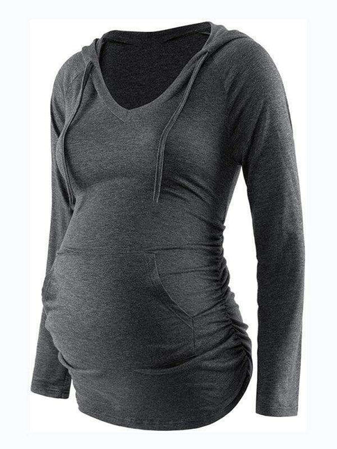 Stylish Hooded Maternity Sweatshirt with Pockets and Long Sleeves