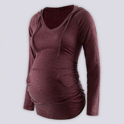 Stylish Hooded Maternity Sweatshirt with Pockets and Long Sleeves