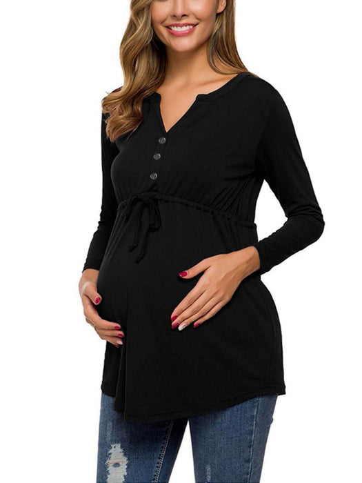 Versatile Maternity Button-Up Cardigan T-Shirt with Drawstring Detail