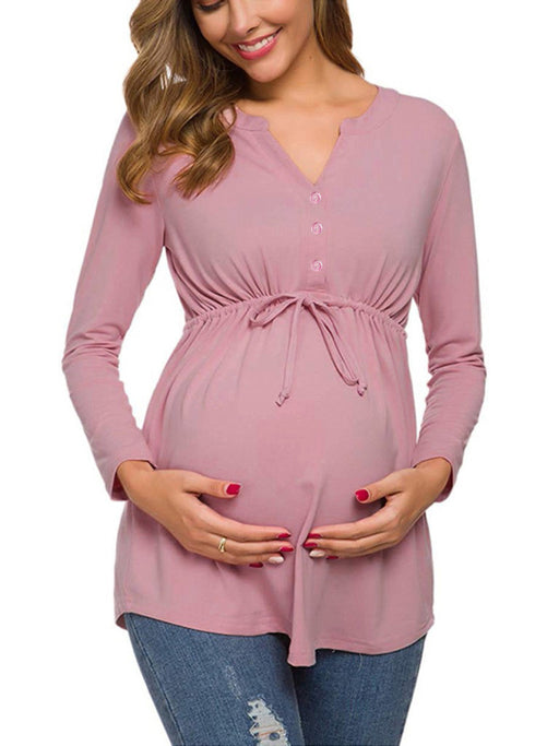 Maternity Solid Color Drawstring Button-Up Cardigan T-Shirt