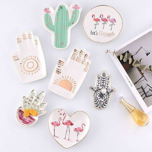 Chic Botanical Ceramic Jewelry Storage Tray with Whimsical Designs